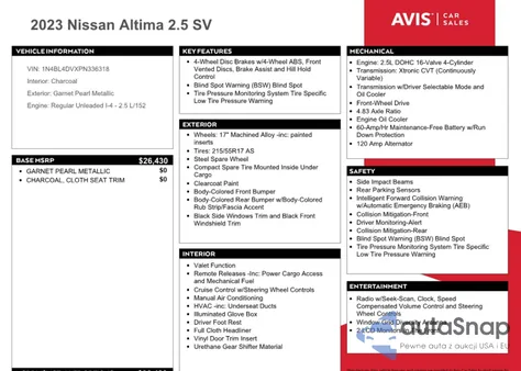 2023 Nissan Altima Sv z USA, uszkodzony, nr VIN 1N4BL4DVXPN336318